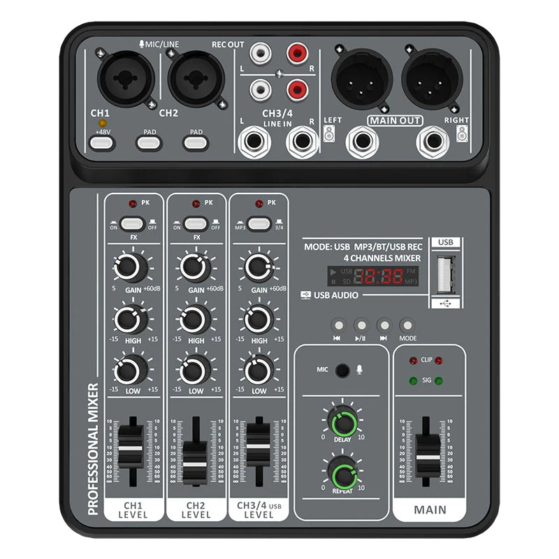 4 Channel Audio Recording Mixer With Bluetooth USB And 48V Phantom Power Light Grey