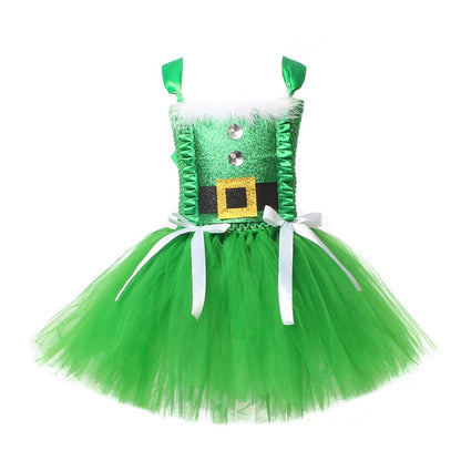 Sparkly Christmas Elf Tutu Dress for Girls Santa Claus Costumes for Kids Birthday Halloween Outfit Children Xmas Holiday Clothes