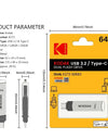 Kodak Type C Two in One USB Flash Drive 32GB 64GB 128GB Computer Mobile Phone Dual Use USB Flash Drive Rotating Creative USB 3.1