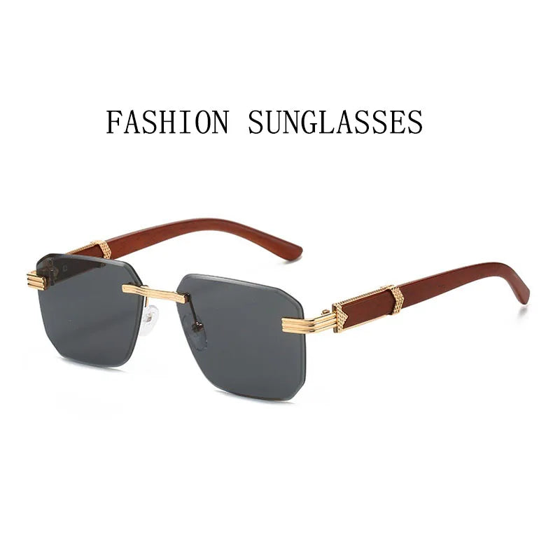 Rimless Sunglasses Women Trendy Vintage Square Wooden Sunglasses