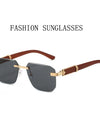 Rimless Sunglasses Women Trendy Vintage Square Wooden Sunglasses
