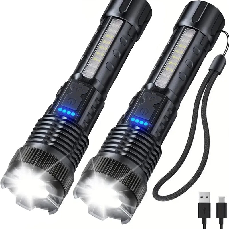High Power Rechargeable LED Flashlight With Zoom And COB Side Light