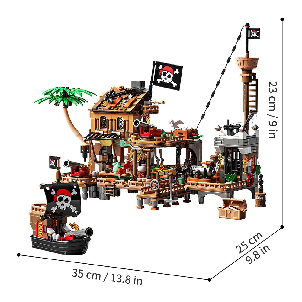 Pirate Ship Building Toys, Pirate Wharf Themed City Store Building Bricks Sets for Boys Age 8-12,868 Pieces, Advent Calendar