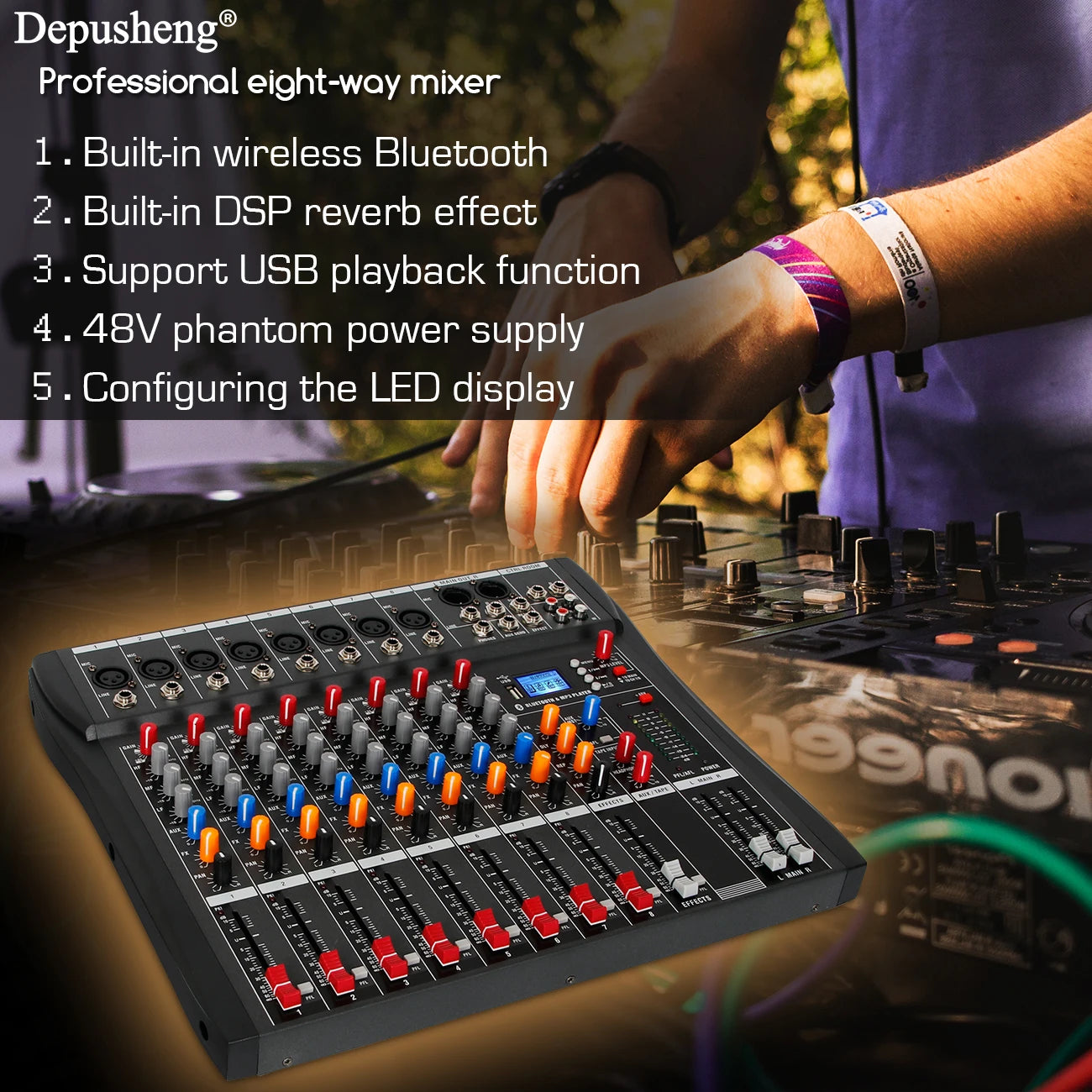 8 Channel Audio Mixer With Bluetooth USB PC Recording And 48V Phantom Power