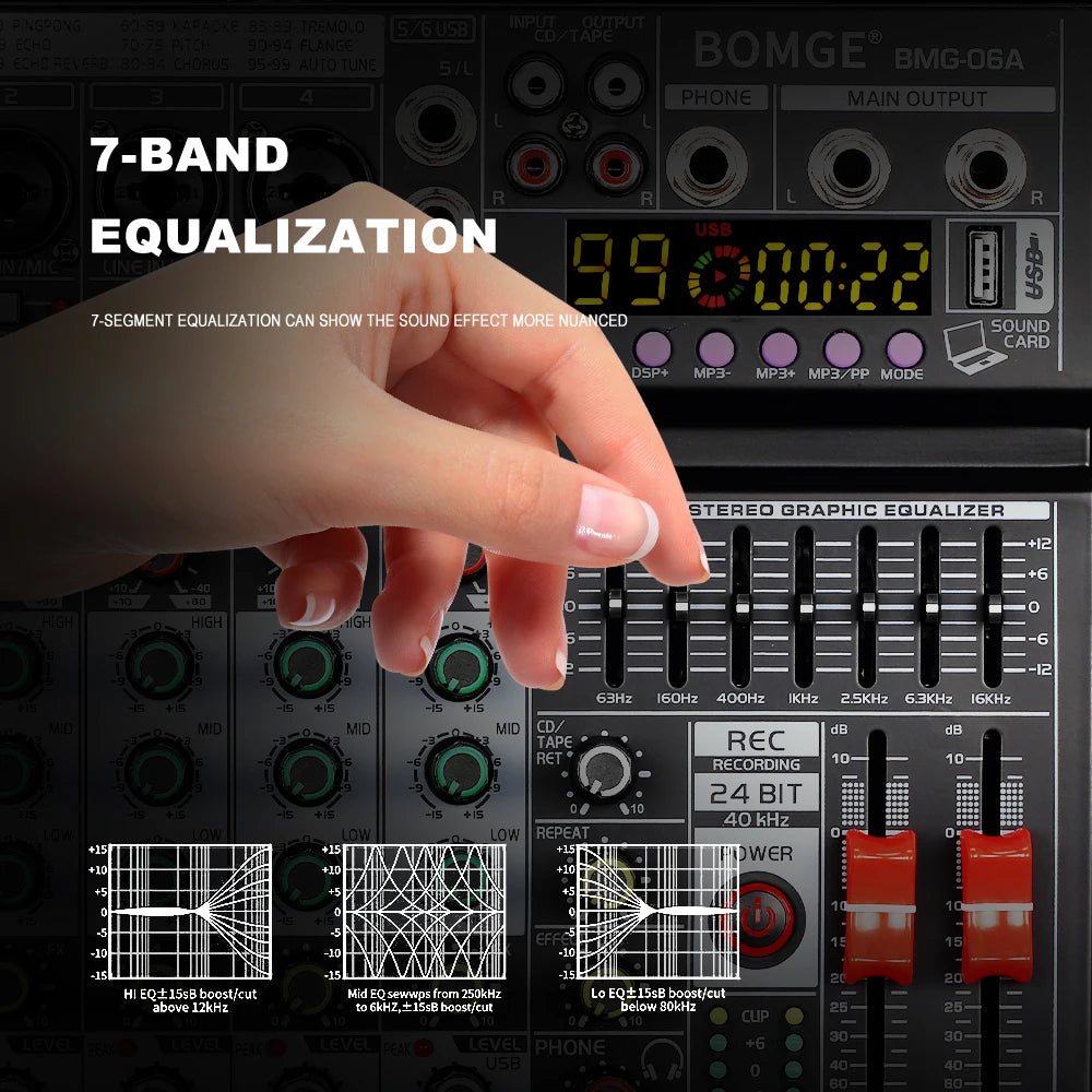 6 Channel Audio Mixing Console with 99 Effects 7 Band EQ USB Recording and Bluetooth