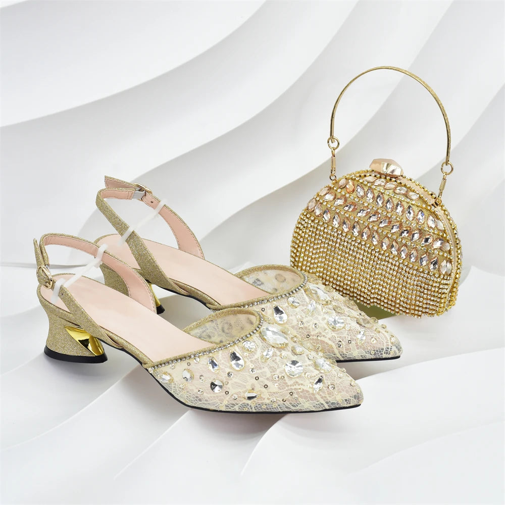 African Wedding Shoes and Bag Set with Rhinestone Italian Design Shoes with Matching Bags Nigerian Lady Party Pumps