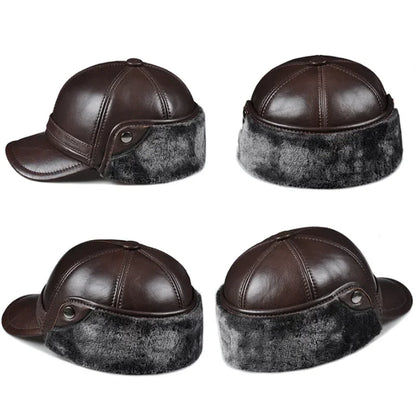 Winter Men's  Hat Thicken Leather Cowhide Baseball Caps With Ears Warm Snapback