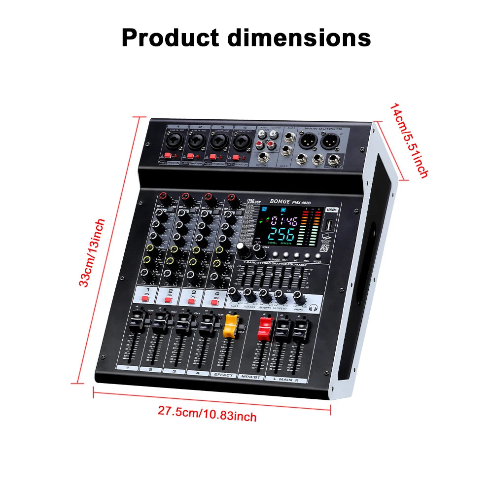 Professional 4 Channel Audio Mixer with Bluetooth and 256 Reverb Effects