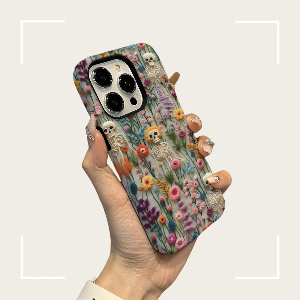 Fashion Embroidery Effect Skull Skeleton Phone Case For iPhone 16 15 Pro Max 16 Plus 2 in 1 Hard Protection Cover Funda