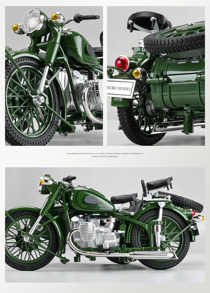 1/10 Alloy Retro Tricycle Side-car Motorcycle Model Diecast Metal Classic Military Motorcycle Model Sound and Light Toy Gift
