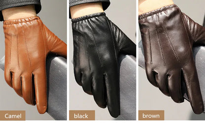 Men Business Sheepskin Leather Gloves Winter Full Finger Touch Screen Brown Gloves Riding Motorcycle Gloves