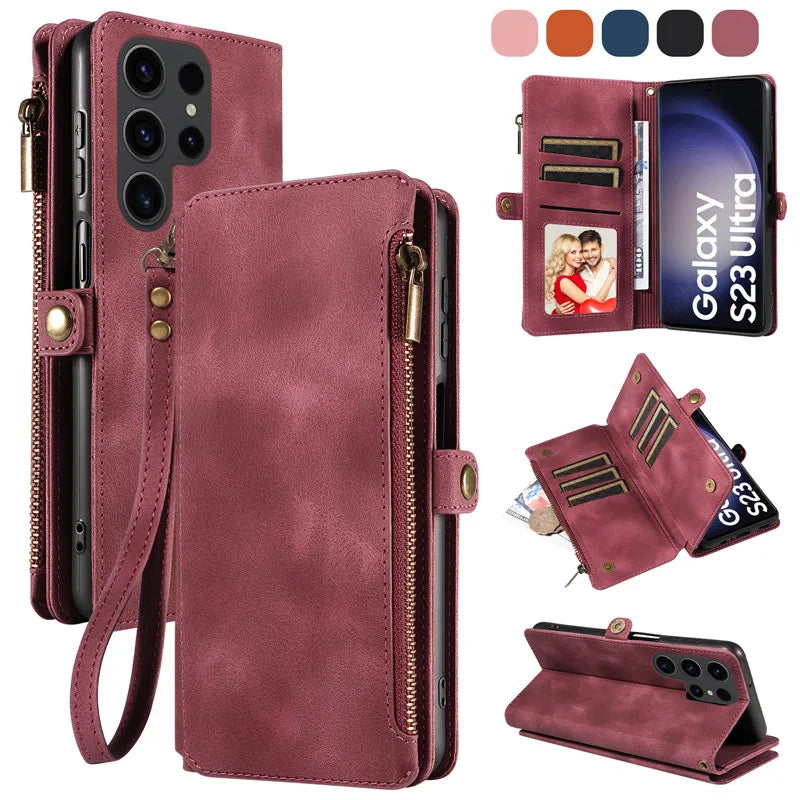 Luxury Leather Flip Wallet Case with Lanyard for Samsung Galaxy S26 / S25 / S24 / S23 Ultra & Plus – Magnetic Full Coverage Phone Bag Cover