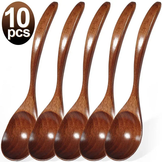 10/1pcs Wooden Soup Spoons Long Handle Coffee Milk Honey Teaspoon Wood Salt Spoon for Spice Jars Tools Home Kitchen Tableware