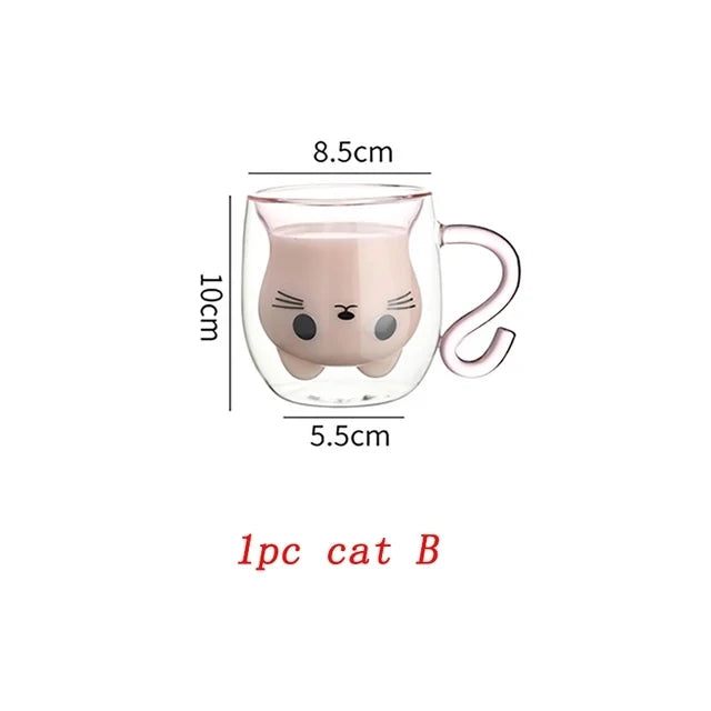 250ml Cartoon Cat Double Wall Glass Cute Coffee Tea Cup Heat-resistant Coffee Mug Handle Espresso Cup For Latte Cappuccino