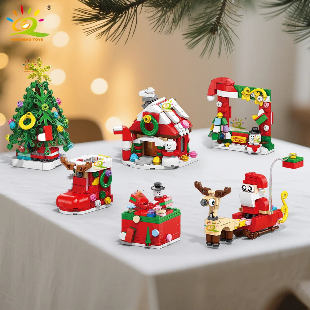 6in1 Christmas Tree Santa Claus Snowhouse Model Building Block DIY Elk Snowman Train Bricks Ornament Toys Adult Gift