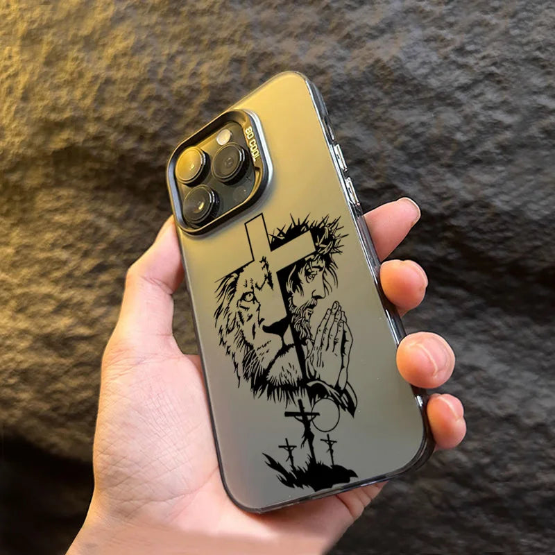 Cross Pattern Bicolor Lion Phone Case For iPhone 14 15 16 Pro Max Shockproof Anti Fall Back Cover
