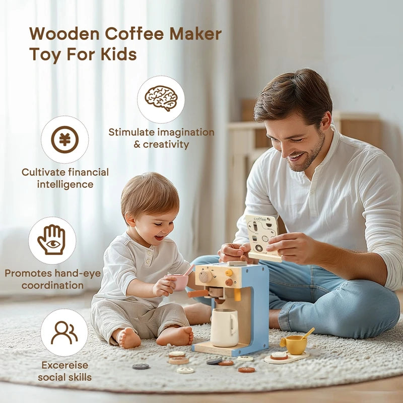 Kids Kitchen Toys Set Wooden Coffee Maker Set Simulation Donut Afternoon Tea Toys Game Kid Educational Toy Gifts for Girls Boys