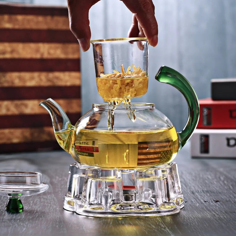 Heat Resistant Clear Glass Teapot with Infuser and Color Warped Handle
