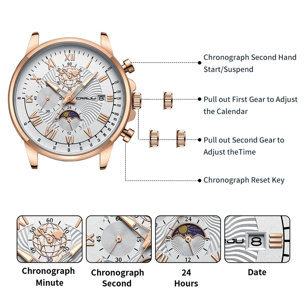 Watch Fashion Business Quartz Watch Sun, Moon and Star Multifunctional Luminous Waterproof Father's Day Gift