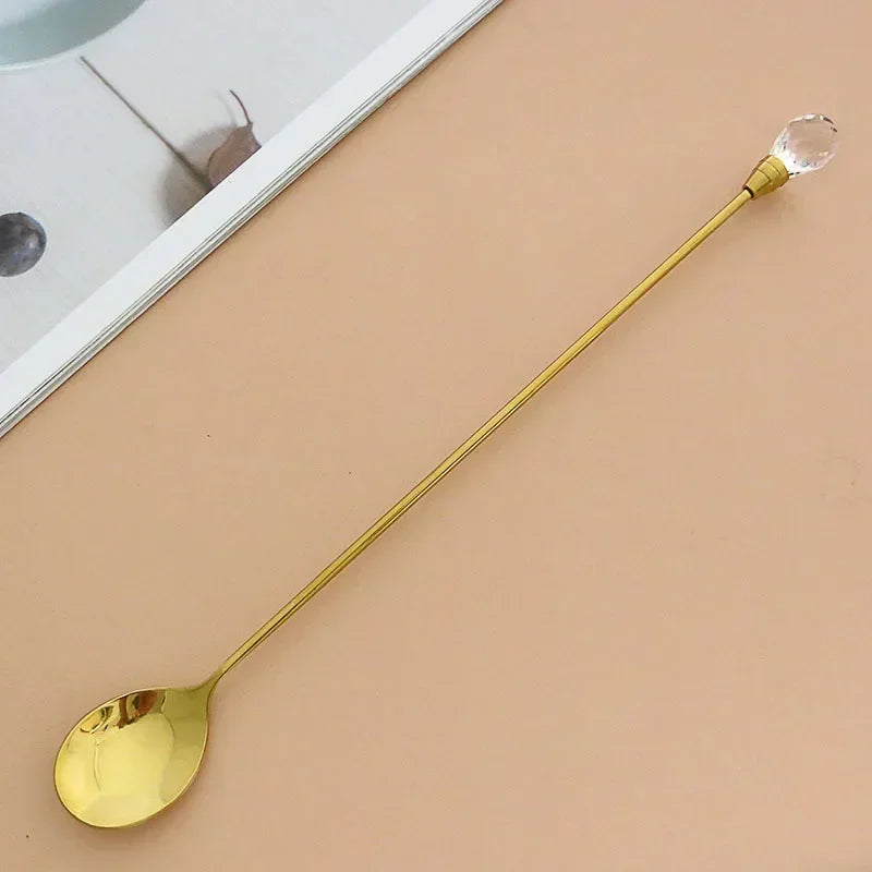 4pcs Diamond Coffee Spoon Stainless Steel Long Stirring Spoon Exquisite Crystal Teaspoon for Cafe Ice Cream Dessert Cocktail Mug