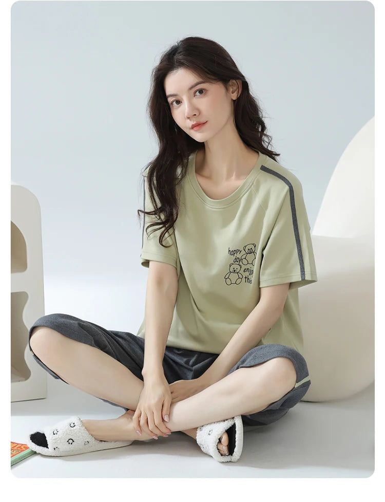 2-Pcs Women’s Cotton Pajama Set – Breathable Short Sleeve Summer Sleepwear with Cute Prints