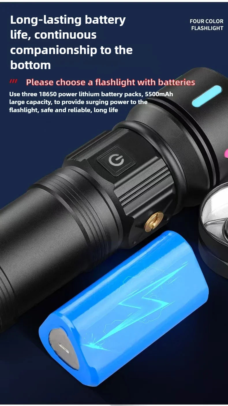 High Power 4 LED Light Source Rechargeable Tactical Flashlight with Zoom Waterproof Aluminum Alloy Camping Lantern