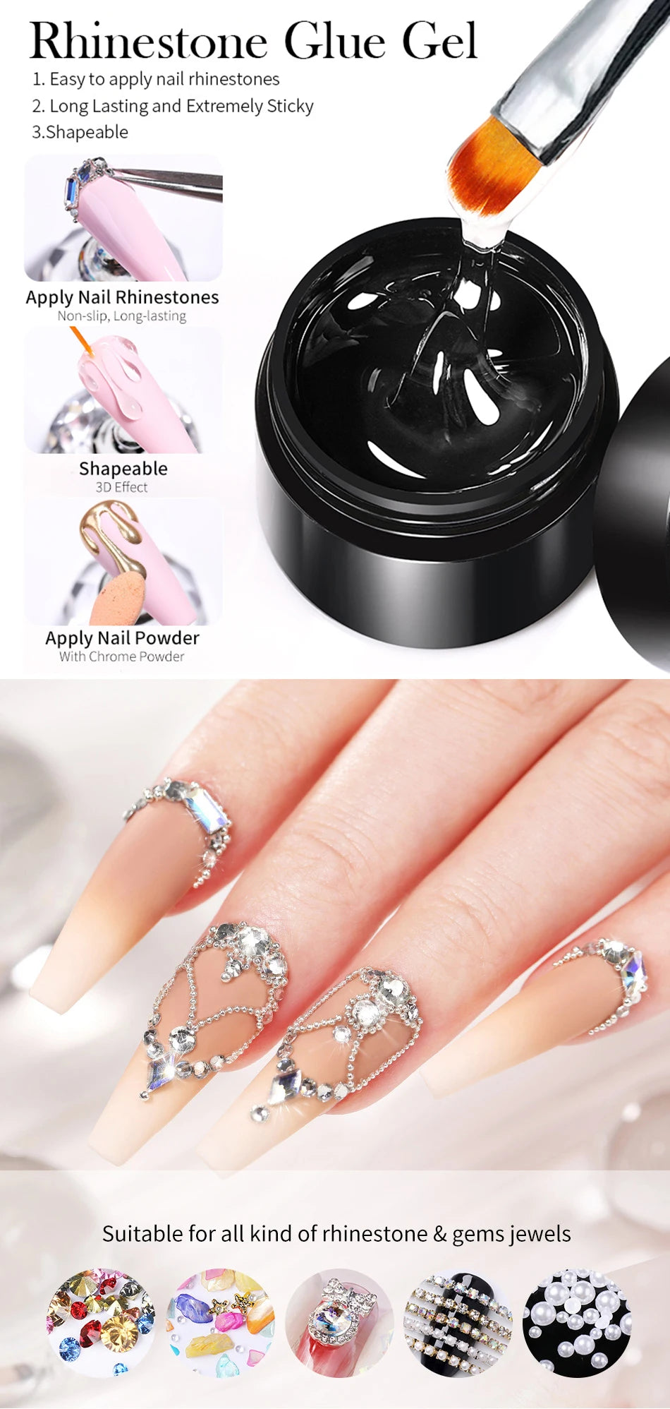 3PCS Rhinestones Glue Gel Set Mirror Nail Powder With Nail Liner Brush UV LED Transparent Adhesive Glue Gel