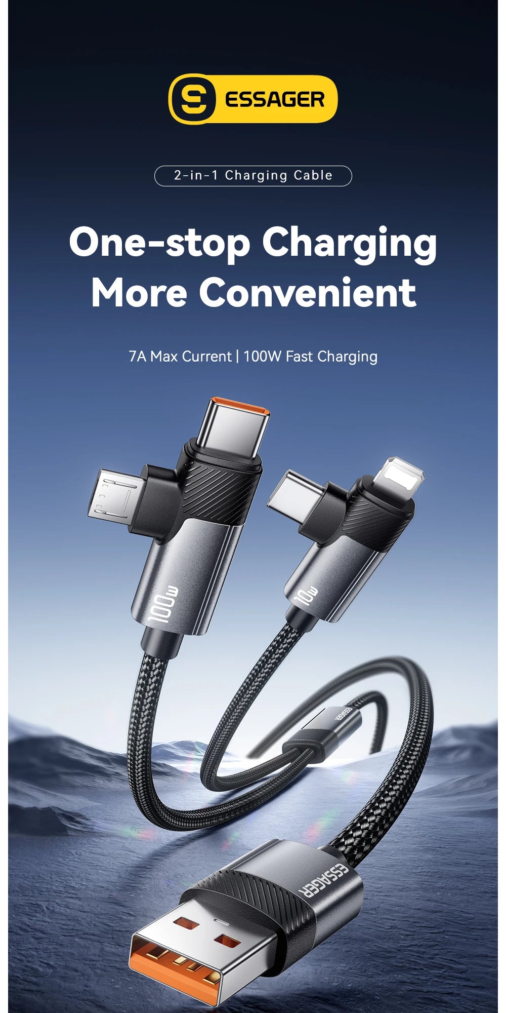 2-in-1 100W Fast Charging Multi Cable (Type-C / Micro / Lightning)