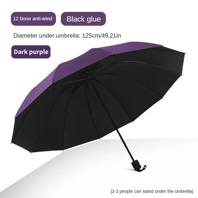 A super large foldable umbrella with black glue and sun protection, reinforced with 12 bones, sturdy for three men and women, su