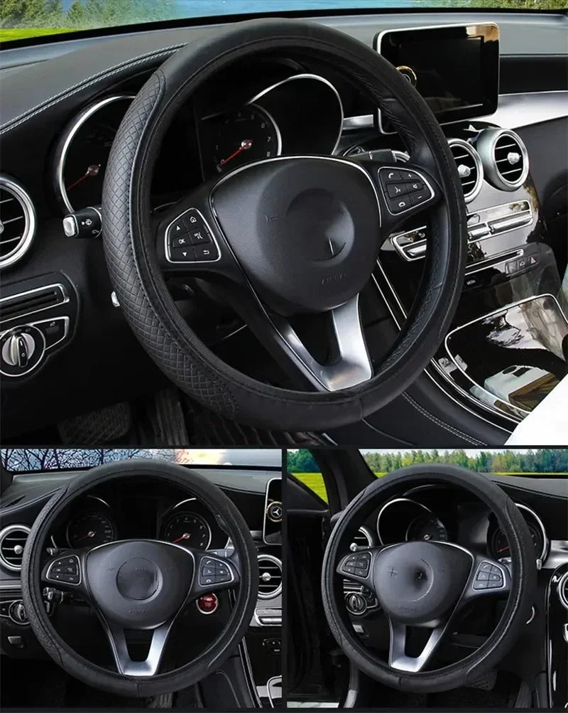 Embossed Leather Car Steering Wheel Cover Anti Slip 37CM 39CM
