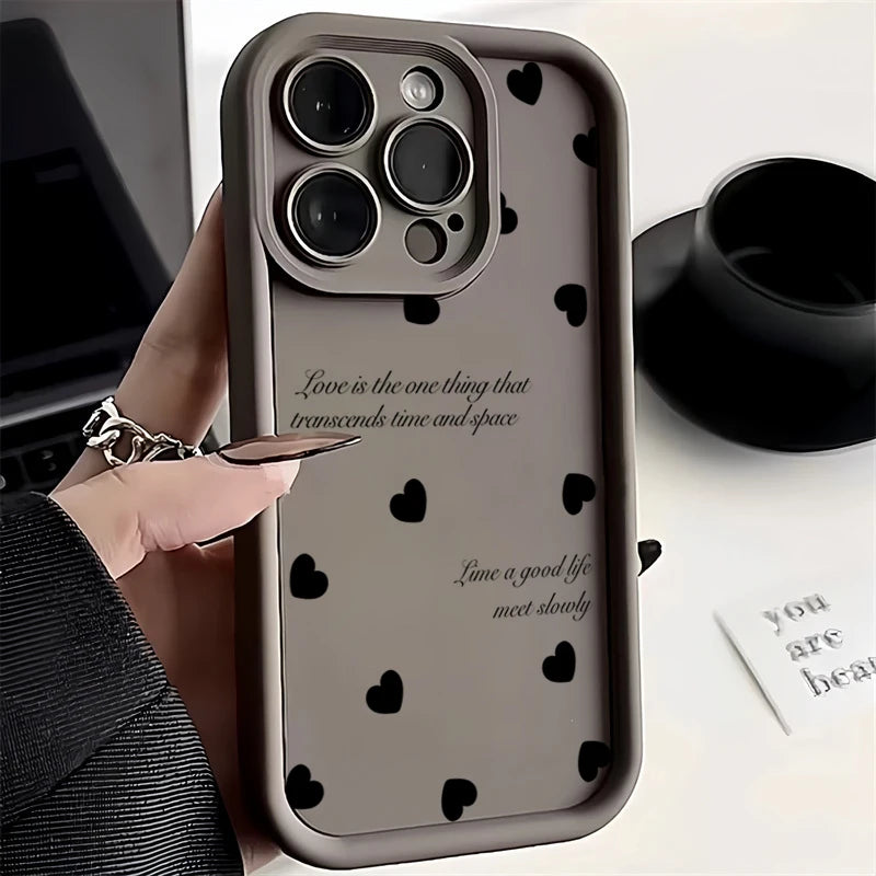 Black Love Heart Soft Matte Phone Case For iPhone 17 Air 14 Pro 16E Plus Cover For iPhone 15 16 17 Pro Max Cases