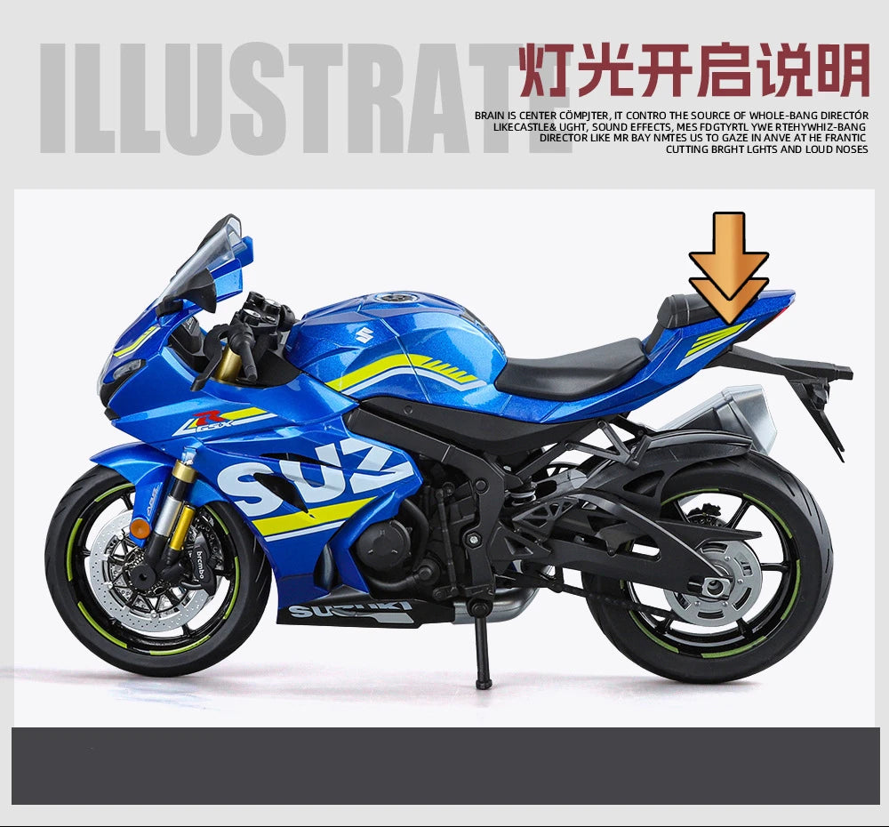 Diecast Suzuki GSX 1000R Racing Motorcycle Model 1 to 9 Scale