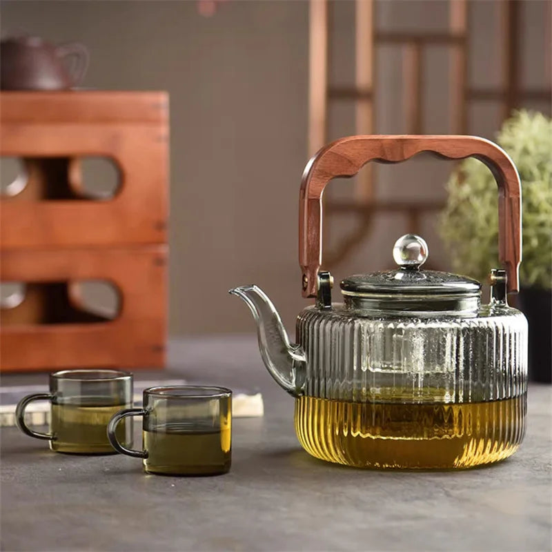 Large Capacity 1200ml Vertical Stripe Pattern Glass Tea Pot Kungfu Tea Set Wooden Beam Tea Kettle Brewing Puer Teapot Teaware