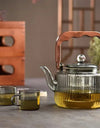 Large Capacity 1200ml Vertical Stripe Pattern Glass Tea Pot Kungfu Tea Set Wooden Beam Tea Kettle Brewing Puer Teapot Teaware