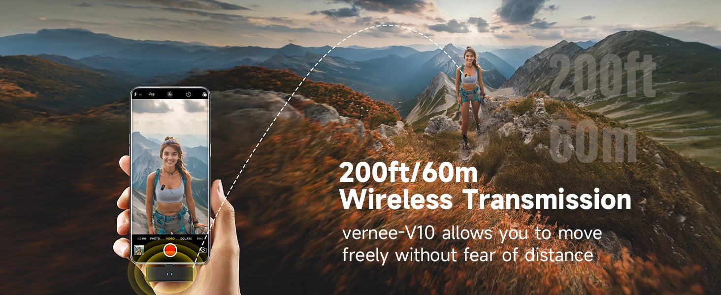 V10 Wireless Lavalier Microphone 60M Noise Cancellation Vlog Short Video Recording Mini Mic for iPhone/Android