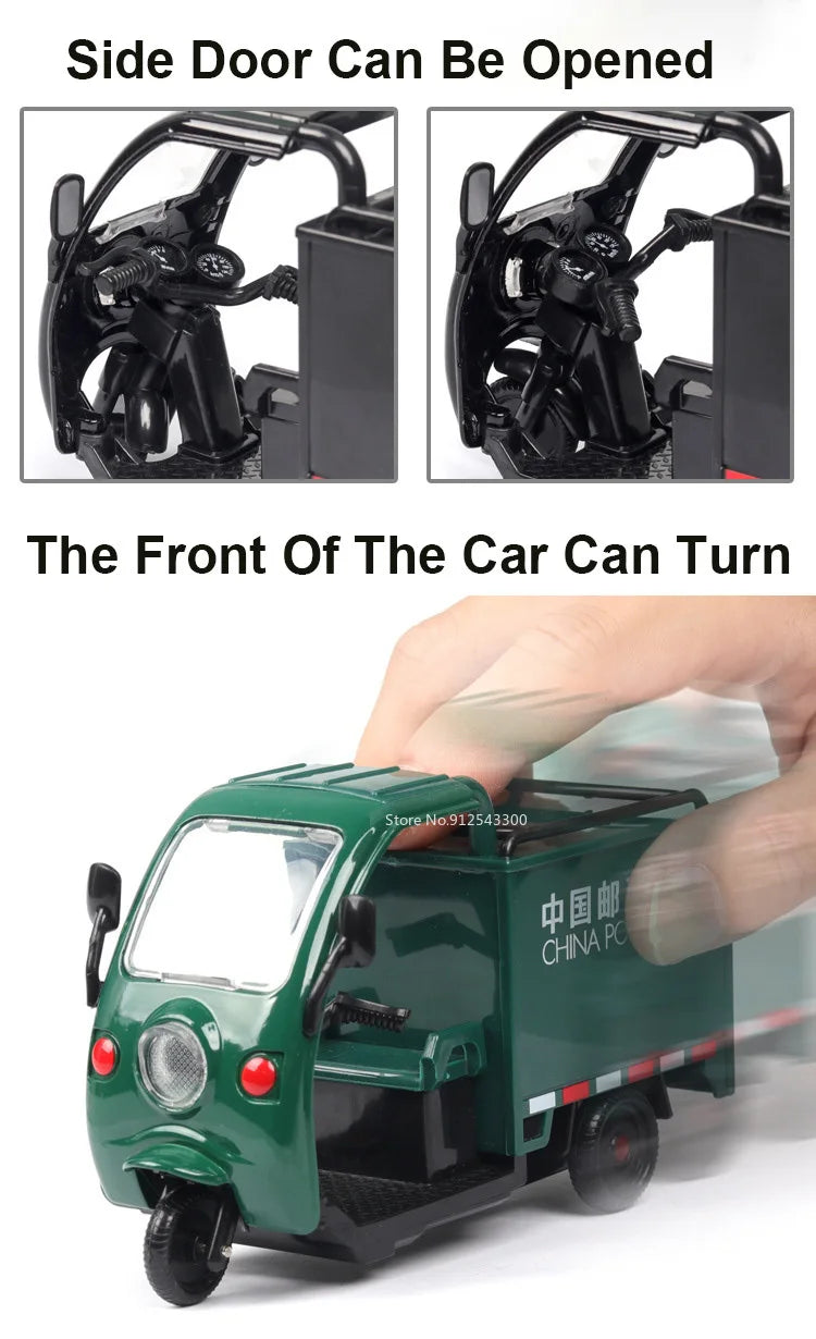 1/32 Scale Express Delivery Tricycle Model Car Toy Steerable Front Wheels Sound Light Pull Back Vehicle Models Gifts for s