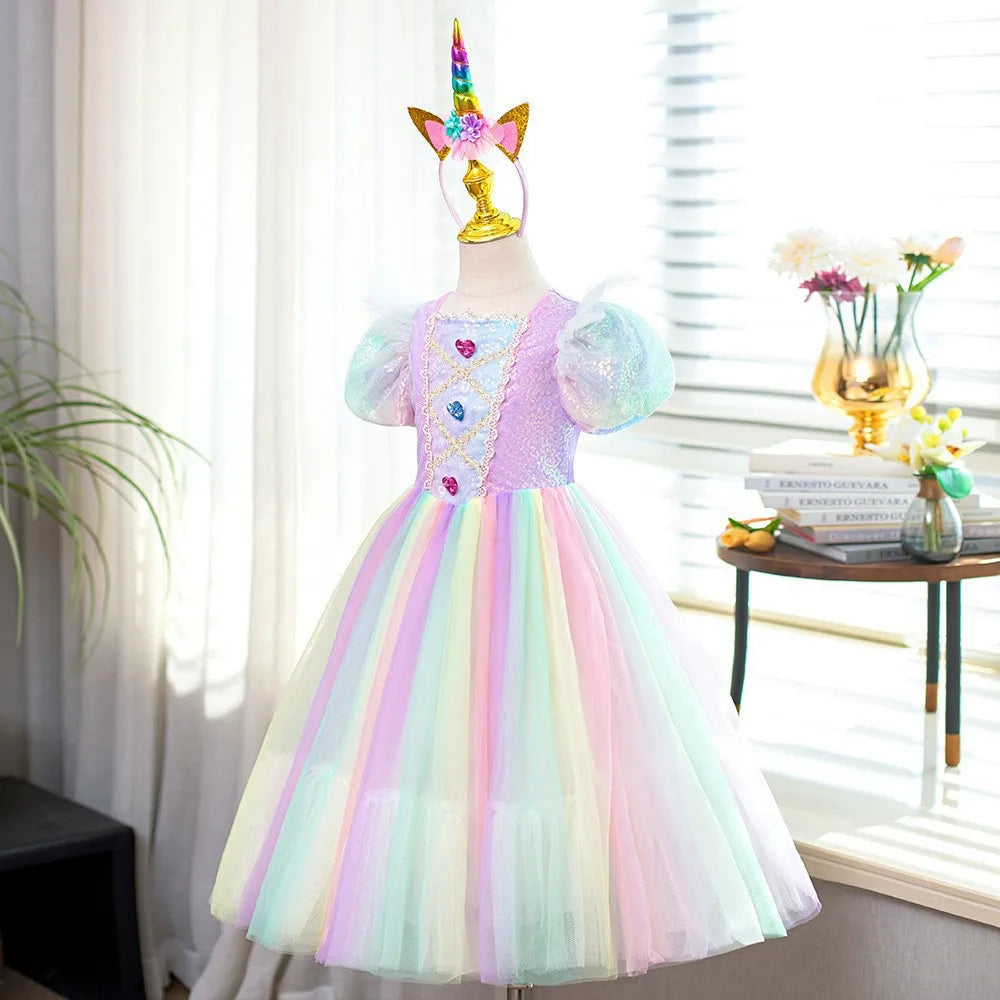 Rainbow Gradient Princess Ball Gown with Puff Bubble Sleeves