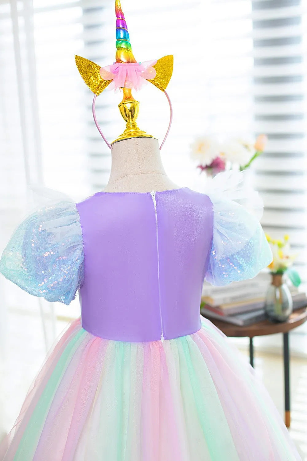 Rainbow Gradient Princess Ball Gown with Puff Bubble Sleeves