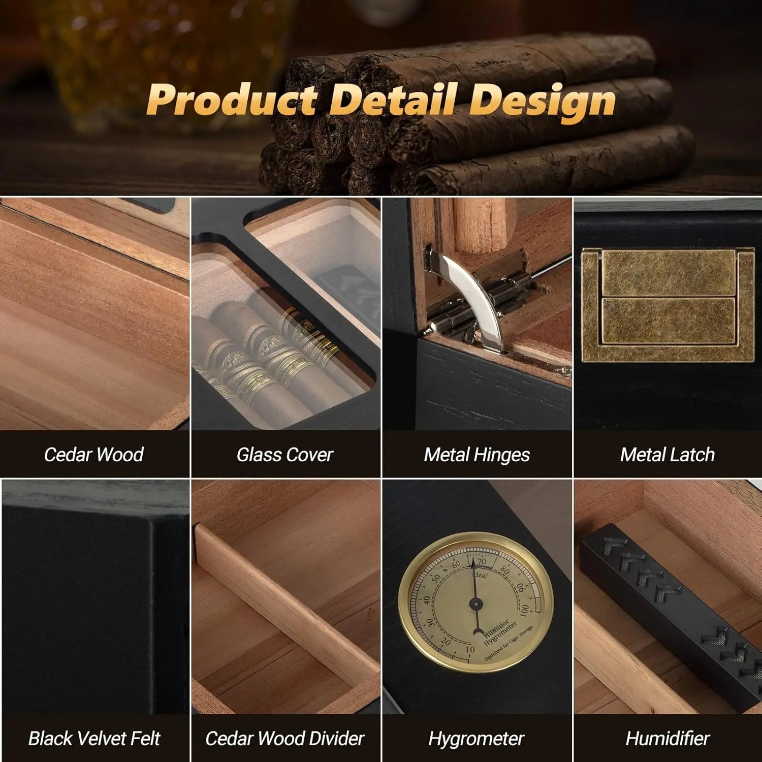 Cigar Humidor, Glass Top Cedar Wood Humidor Box, Cigar Case for 20-35 Cigars with Hygrometer, Cigar V-Cutter, Desktop Humidor