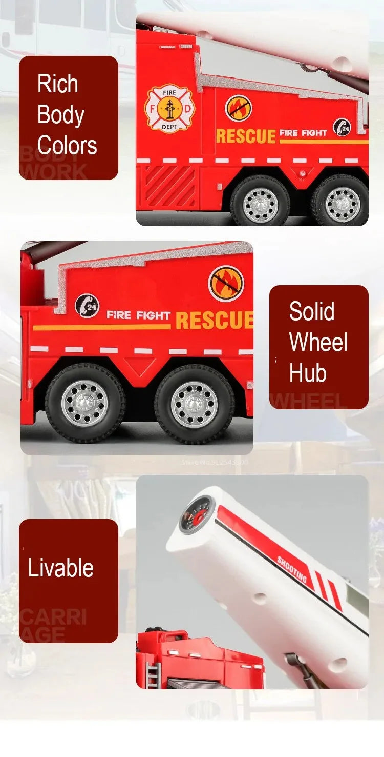 1:32 Scale Container Truck Fire Trucks Model Car Toy Pull Back Music Light Metal Diecast Doors Opened Vehicles Toys for Gift