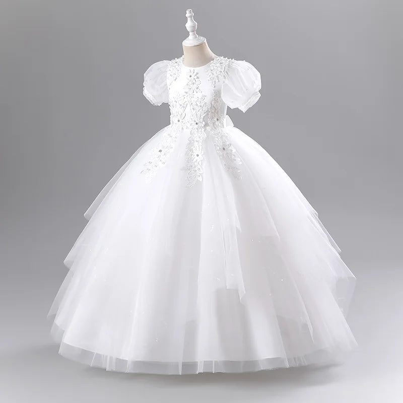 Girls Princess Ball Gown - Fluffy Tulle Party Dress for Flower Girl/Birthday/Pageant | Sparkly Puffy Sleeve Wedding Dress