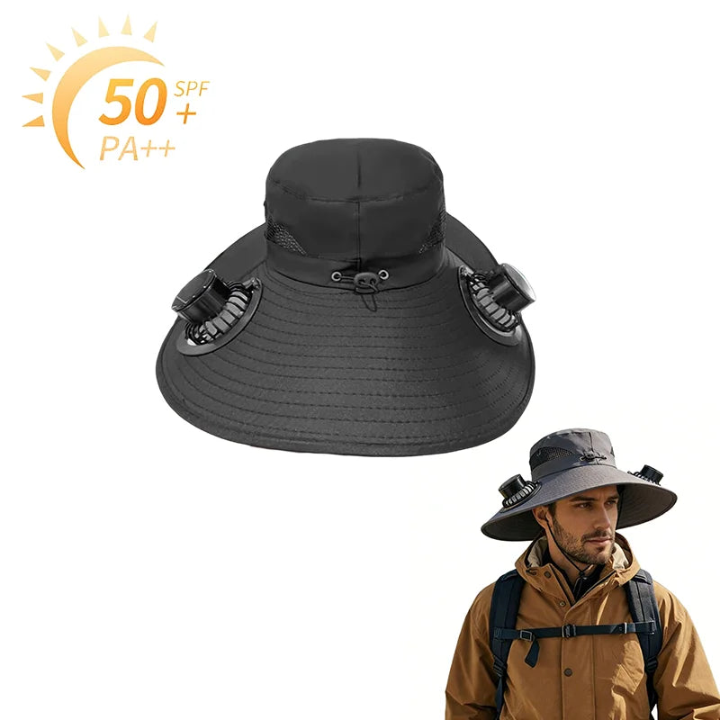 Wide Brim Fishing Hat With Dual Solar Fans