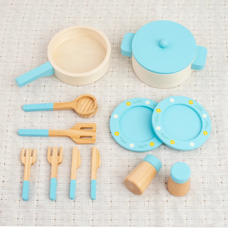 Wooden Pretend Play Kitchen Set with Pots Pans and Utensils