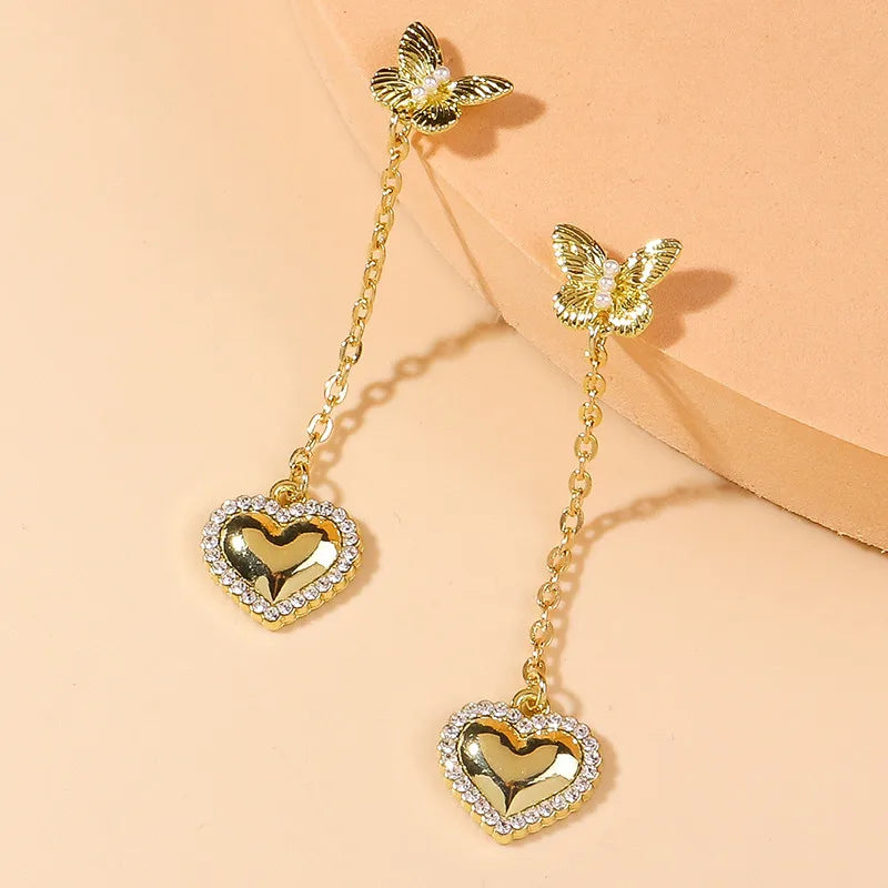 Korean Crystal Heart Earrings Pearl Butterfly Long Dangle Earring Trendy Jewelry