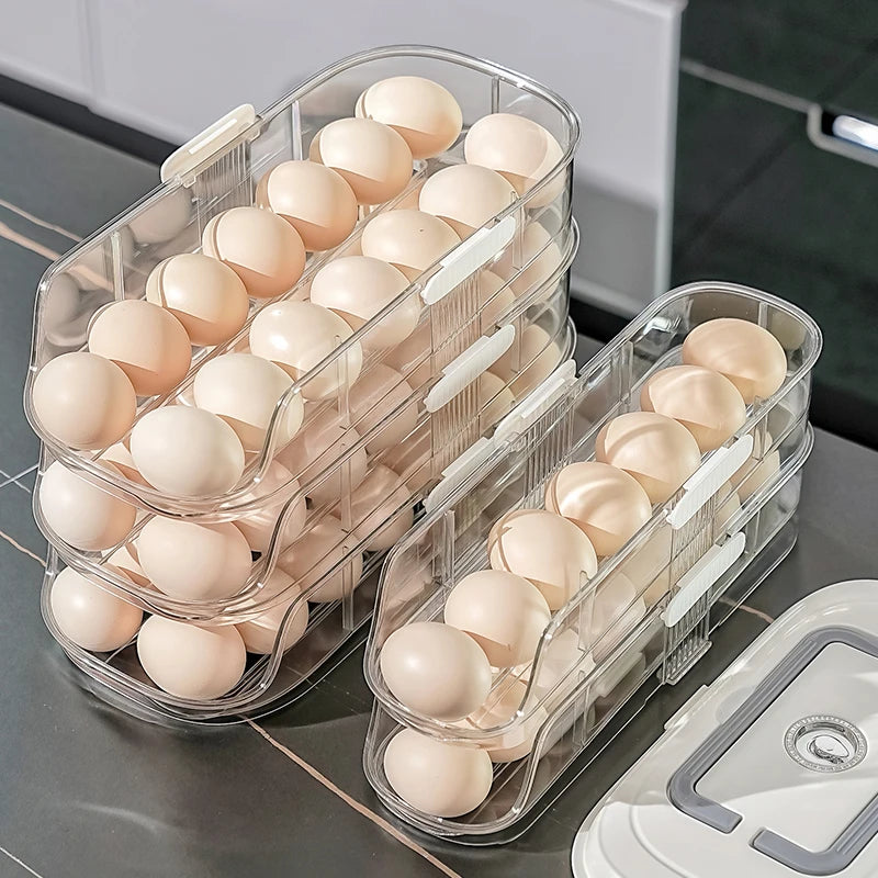 Multi-Layer Automatic Rolling Egg Storage Box – Refrigerator Side Door Egg Tray Rack Organizer