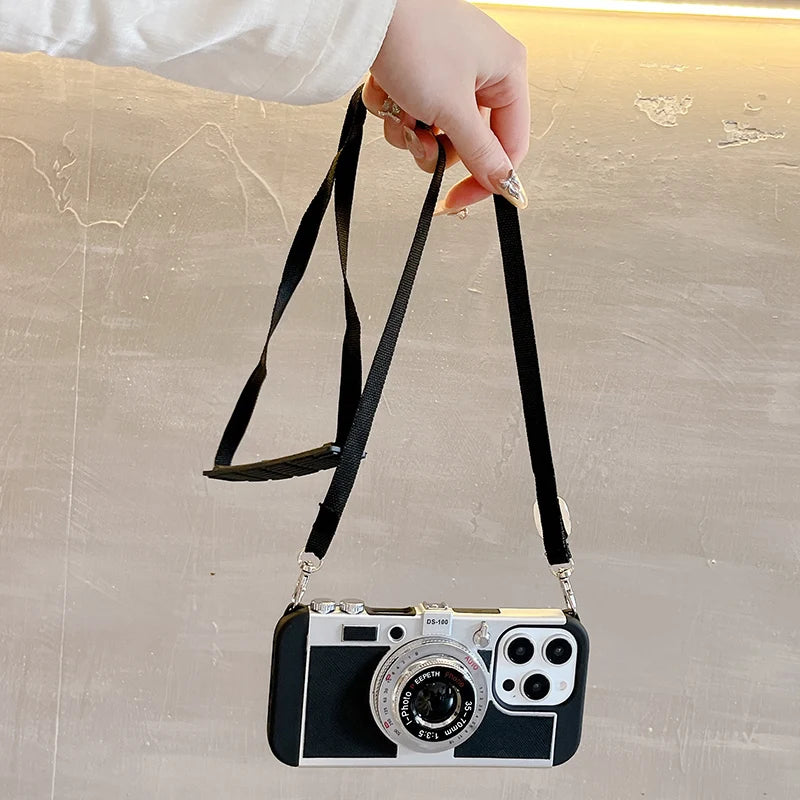 Soft TPU+Hard PC Camera Shaped Lanyard Shockproof Phone Case For iPhone 16 Pro Max 14 15 Pro Max Bumper Back Cover