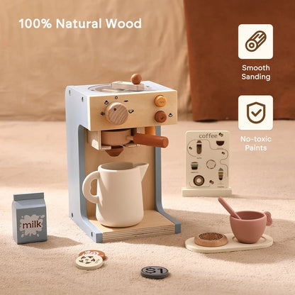 Kids Kitchen Toys Set Wooden Coffee Maker Set Simulation Donut Afternoon Tea Toys Game Kid Educational Toy Gifts for Girls Boys