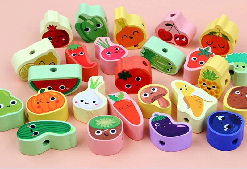 Monterssori Baby DIY Wooden Toys Cartoon Fruit Animal Stringing Threading Wooden Beads Educational Toys for Kids Christmas Gift