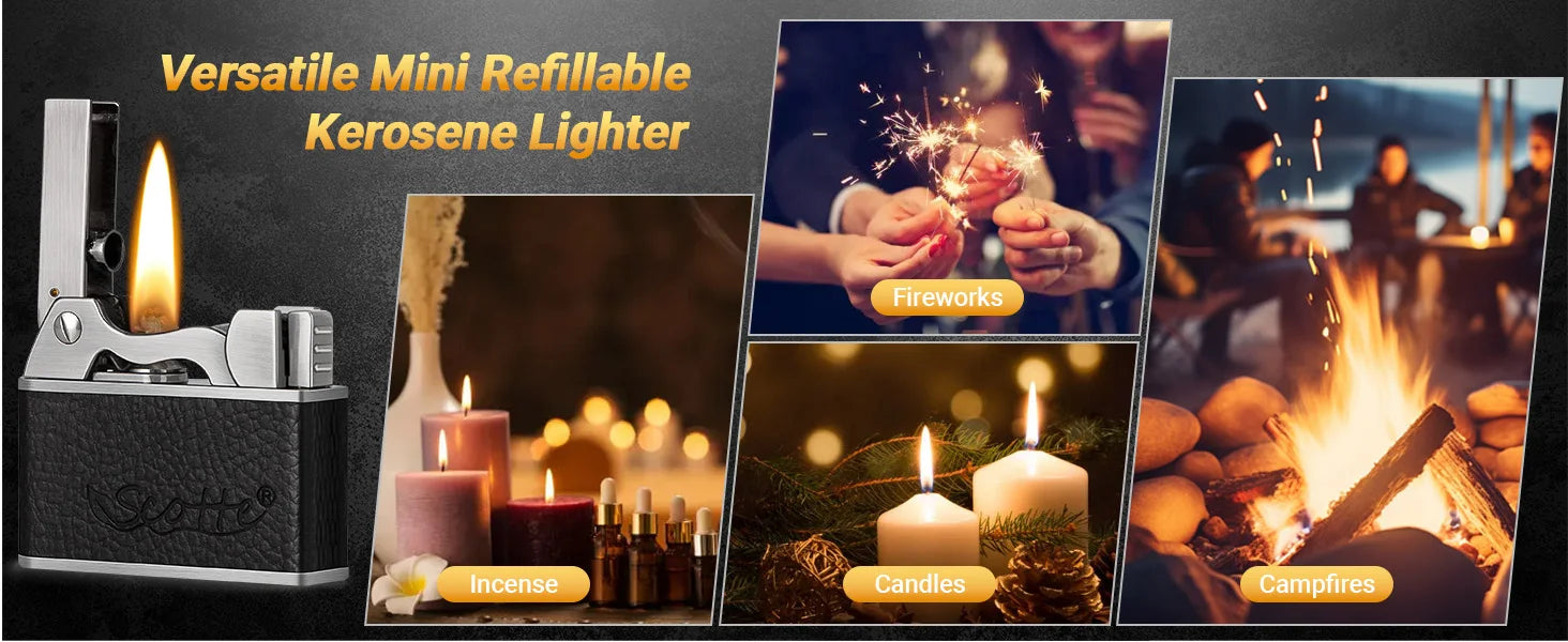 Vintage Kerosene Lighter, Windproof Soft Flame, Metal and Leather Trench Lighter, Fluid Refillable Pocket Lighters