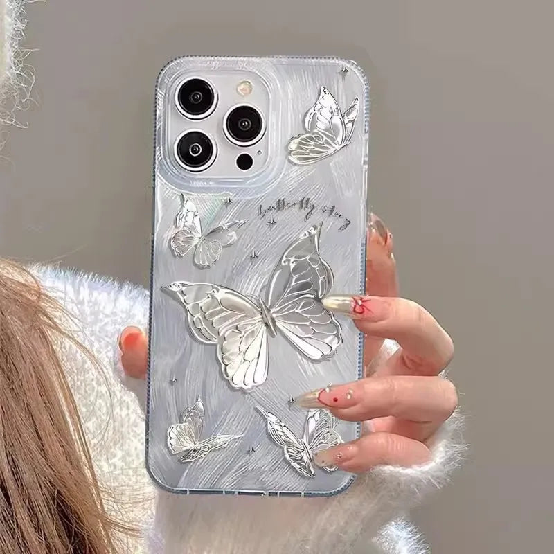 For iPhone 14 15 16 17 Pro Max Case Luxury Laser Silver Butterfly Phone Case for iPhone